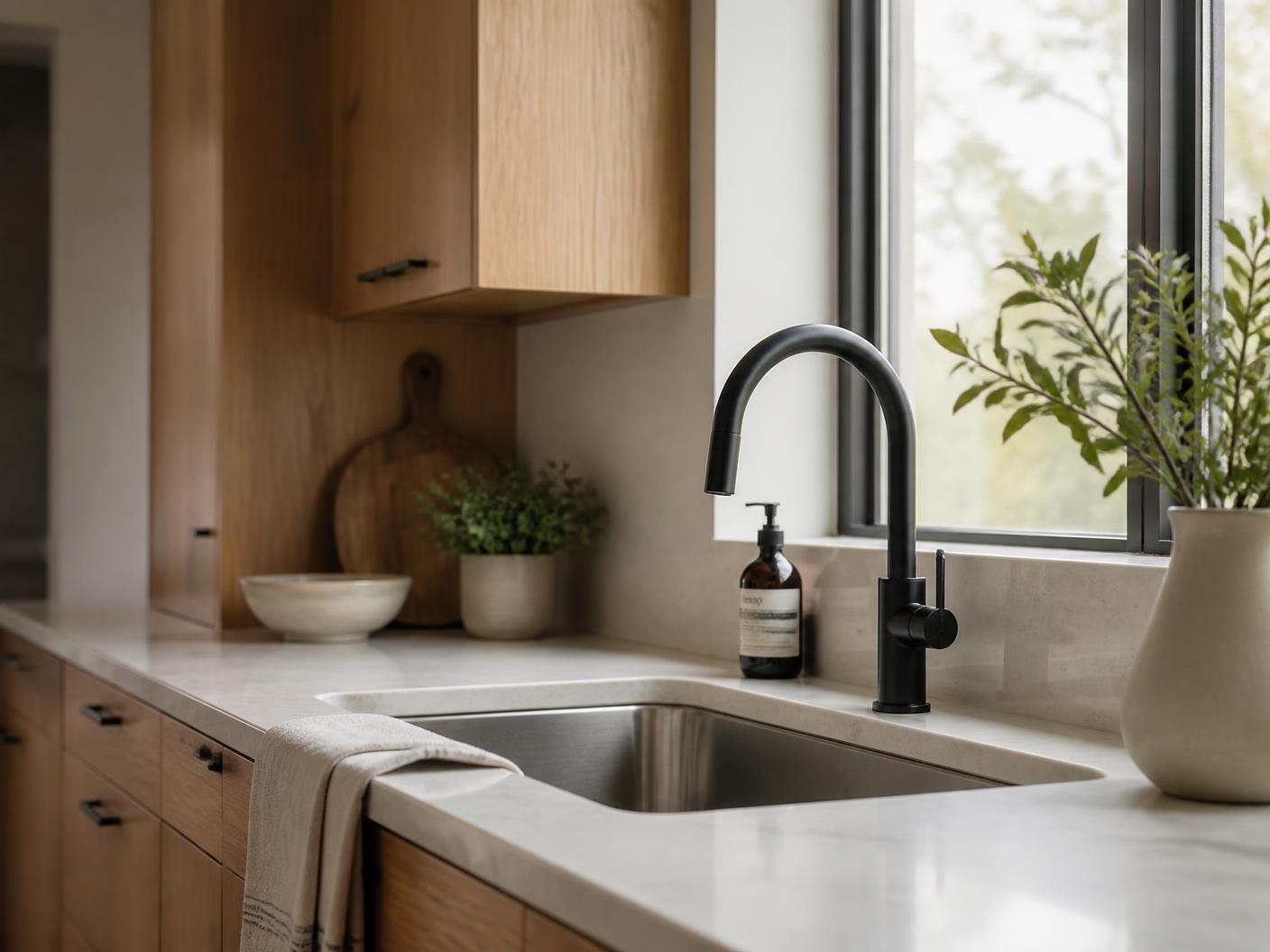 Modern kitchen sink with warm oak cabinetry in soft daylight